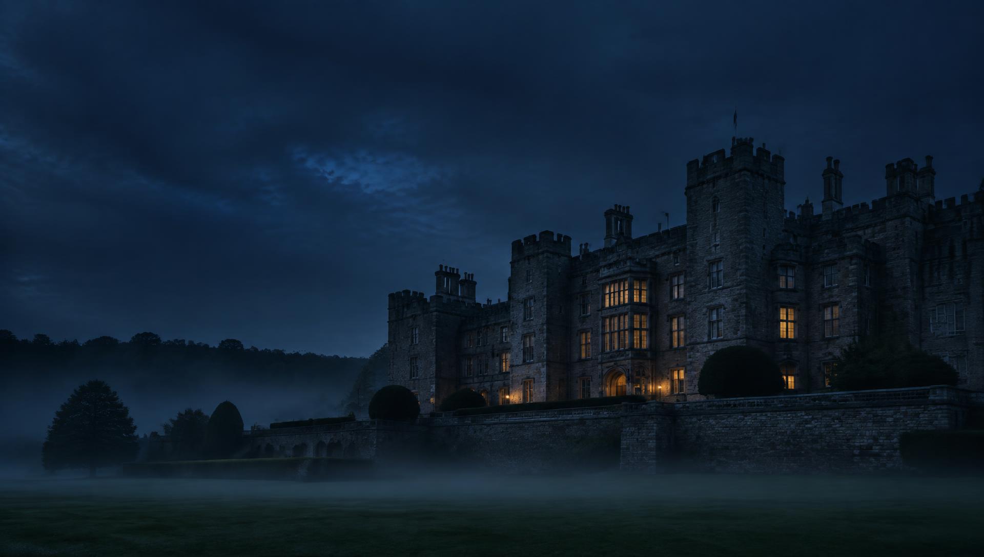 An English stone fortress at blue hour with lit windows